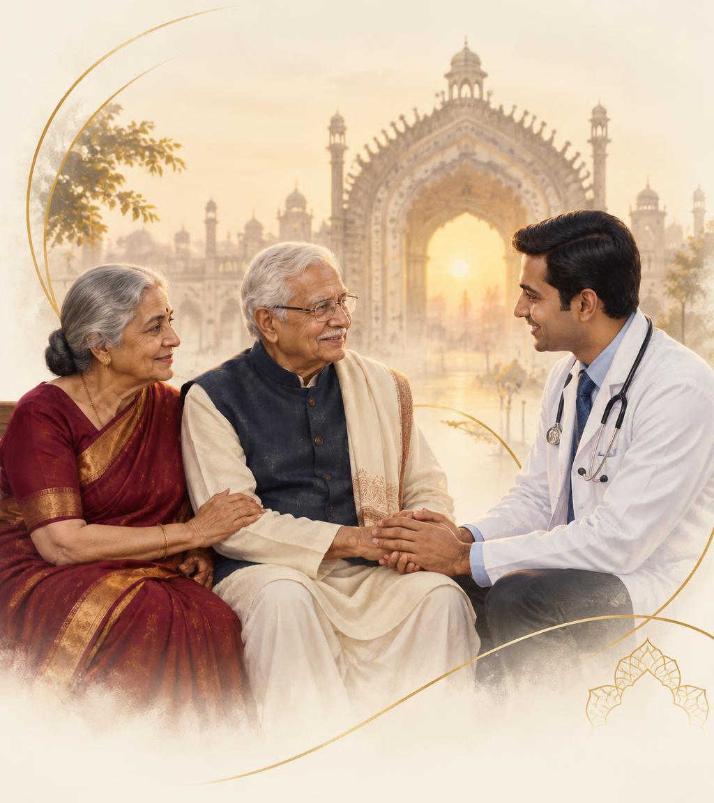 Older Indian couple with a caring doctor, Rumi Darwaza in the background